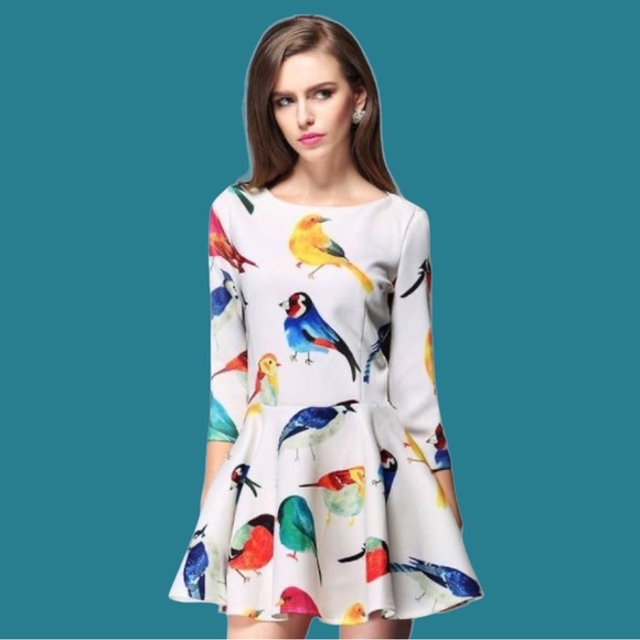 NWT White Peplum Drop Waist Multicolor Bird Print Scuba Mini Dress - Picture 6 of 10